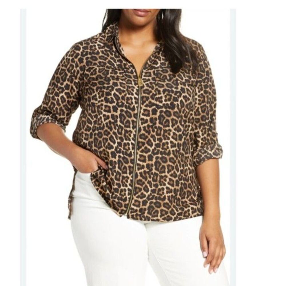 Michael Kors Leopard Animal Print Zip Front Shirt Sz 2X